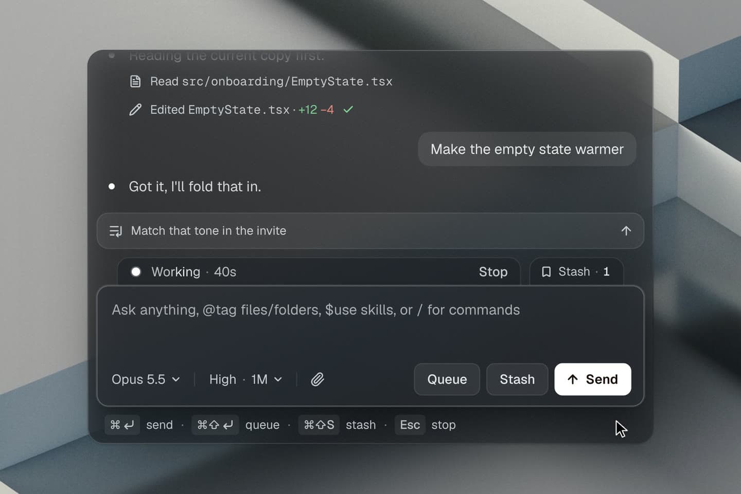 A red arrow pointing at the Stash tab with the note: kept in the tab