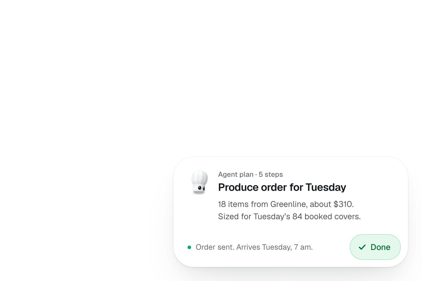 The button showing a green check and the word Done, a red marker arrow pointing at the check with the note: lands, then holds