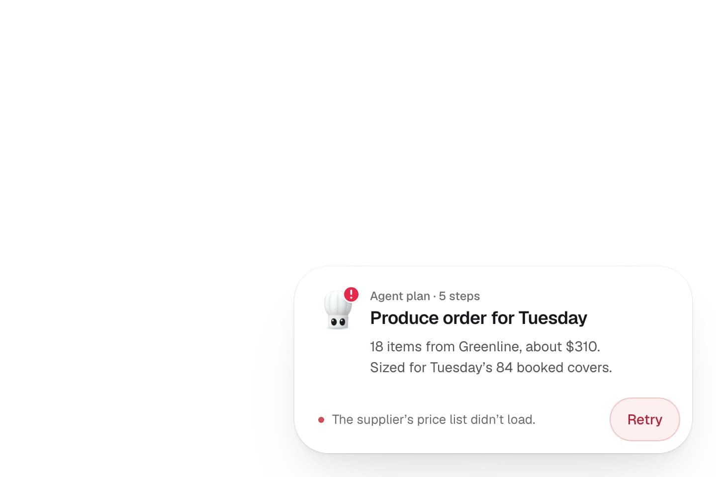 The stopped card with a Retry button and the line The supplier’s price list didn’t load, with a red marker note: retry from the failed step