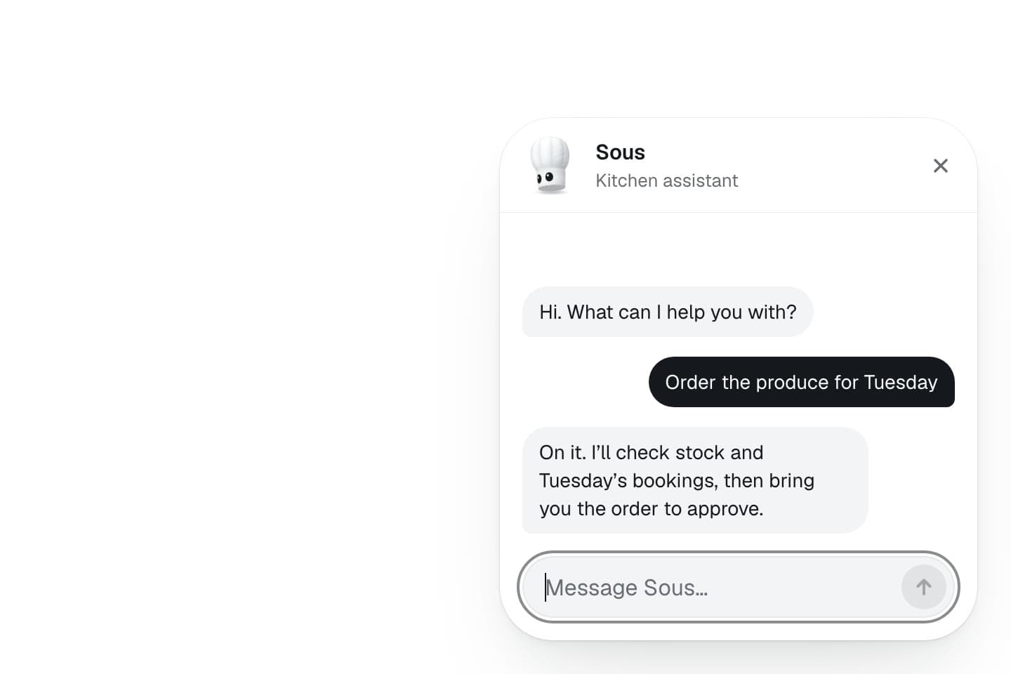 The Sous chat with the request to order Tuesday’s produce and Sous’s reply, with a red marker note: the plan comes from a conversation