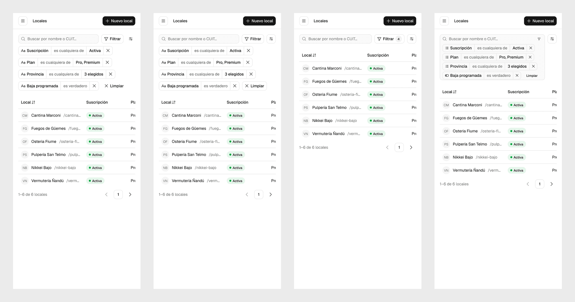 The four round 1 phone screens side by side on a gray background, each showing the Venues table with four filters applied.