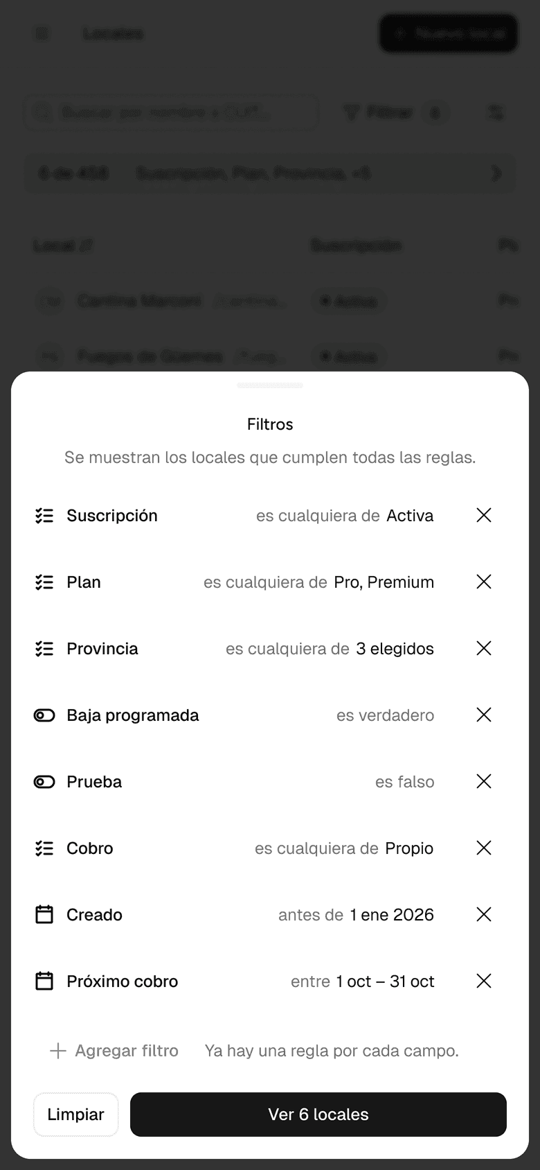 A phone filter sheet over the dimmed Venues table: eight rows with field, operator, value, and an X, a disabled Add filter with a line of explanation, and Clear and a primary button in the footer.