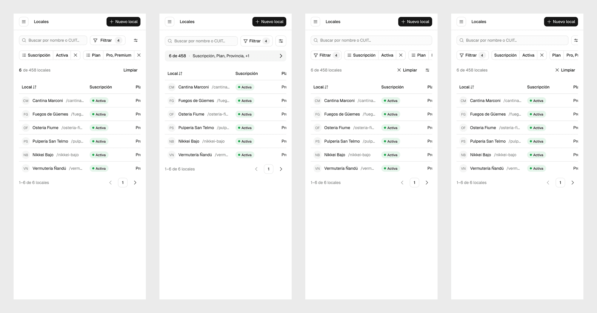 The four round 2 phone screens side by side on a gray background. Three show a row of filter chips cut off at the right edge, and one shows a single summary line with a chevron.