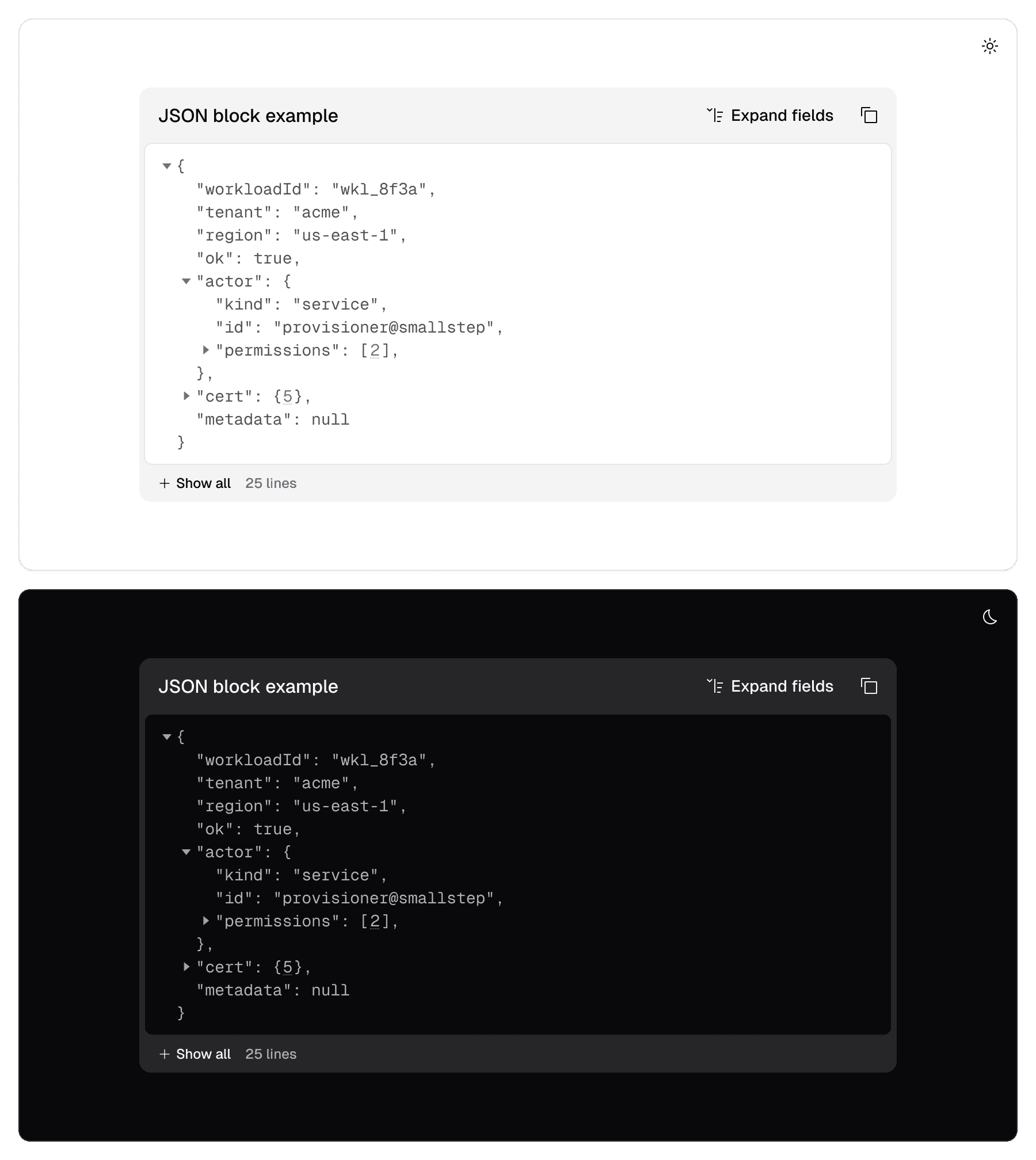 A CodeBlock component rendering a collapsible JSON example with expand-fields and copy controls, shown in the light and dark themes.