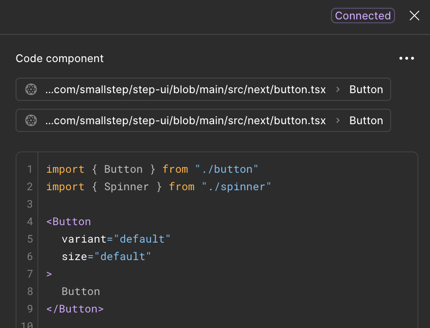 Figma’s Code Connect panel for the Button component, marked Connected: a link to src/next/button.tsx and its Button export, then a code snippet importing Button and rendering it with variant and size props.