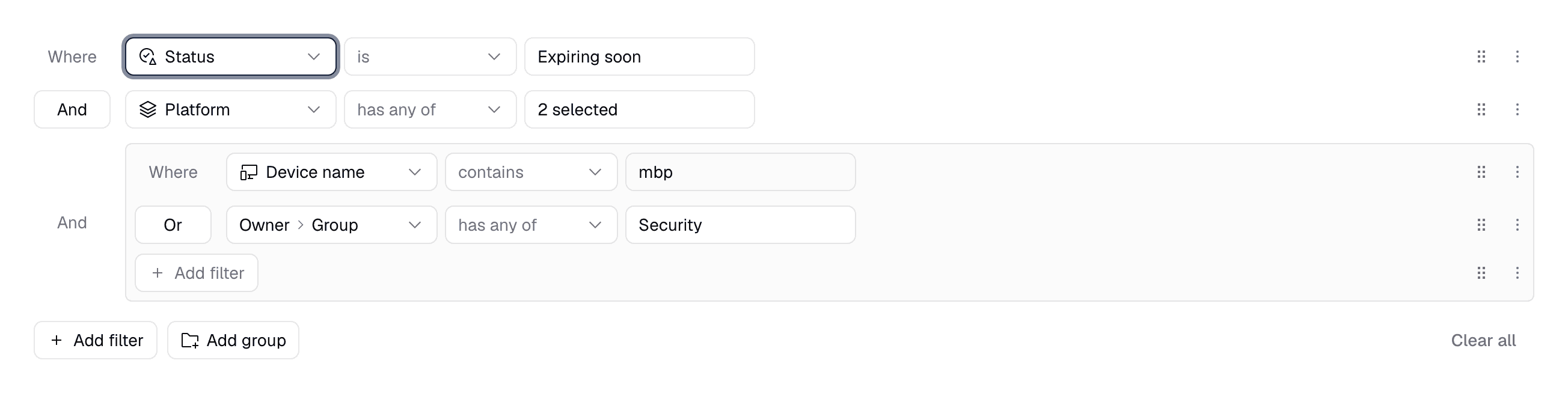 A filter builder with two top-level rules (Status is Expiring soon, Platform has any of 2 selected) and a nested group with two rules joined by Or, plus Add filter, Add group and Clear all controls.
