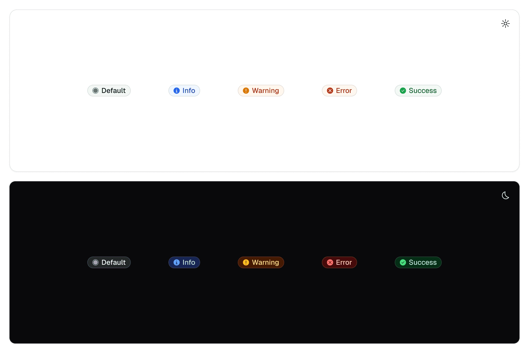 Status indicators (Default, Info, Warning, Error and Success) as soft tinted pills, shown in the light and dark themes.